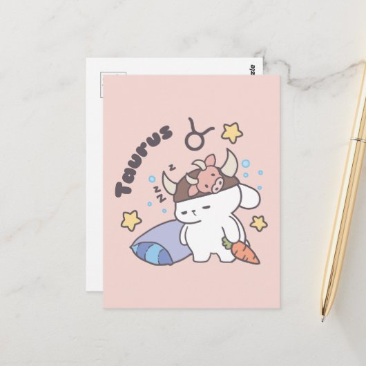 Taurus Zodiac Dreamer - Niedlicher Sleepy Bunny Postkarte (Vorderseite/Rückseite Beispiel)