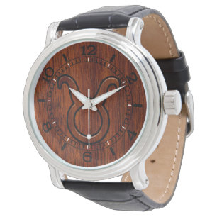 Taurus Zodiac Sign auf Mahogany Style Dial Armbanduhr