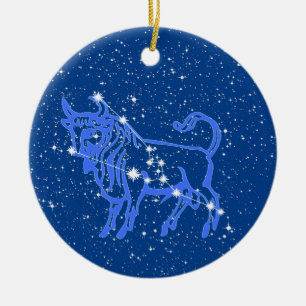 Taurus Zodiac Sign mit Sternen auf Deep Blue Keramik Ornament
