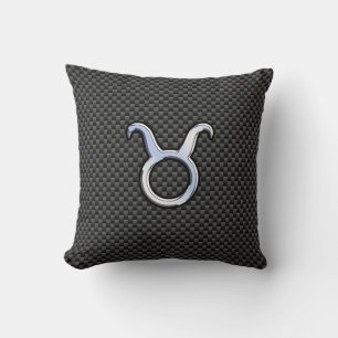 Taurus Zodiac Sign on Black Carbon Fiber Print Kissen