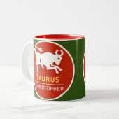 Taurus Zodiac Star Sign mit dem Namen des Eigentüm Zweifarbige Tasse (Vorderseite Links)