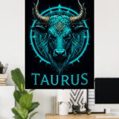 Taurus Zodiac Symbol in lebendigem Blau und Gold A Poster (Heimbüro)