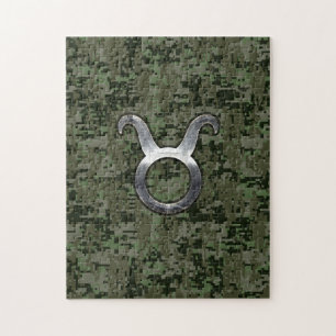 Taurus Zodiac Symbol on Green Digital Camo Puzzle