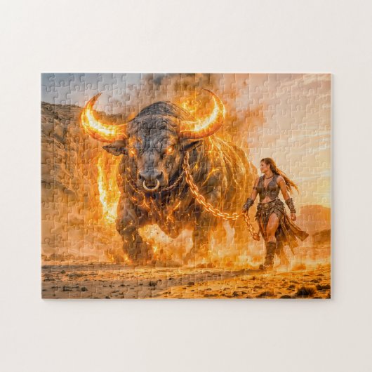 Taurus Zodiac with Warrior Leading a Fiery Celesti Puzzle (Horizontal)