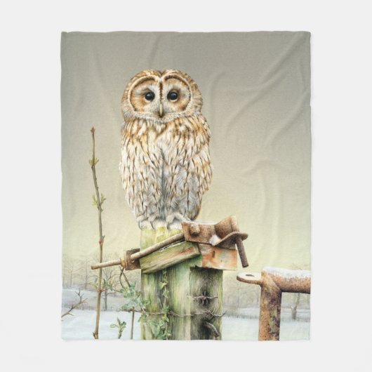 Tawny Owl im Schneevogel Wasserfarbe Fleecedecke (Vorderseite)
