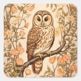 Tawny Owl Peach Blossoms William Morris Inspiriert Quadratischer Aufkleber