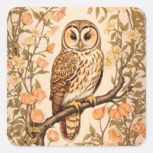 Tawny Owl Pfirsichblüten, inspiriert von William M Quadratischer Aufkleber
