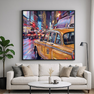 Taxi Cab Nacht Stadt - Impressionistischer Kunstst Poster