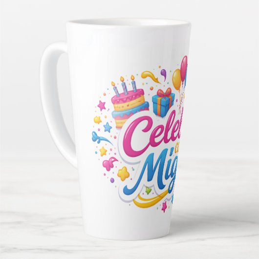 Taza de Café Latte con Diseño “Celebra Conmigo” | Milchtasse (Linke Ecke)