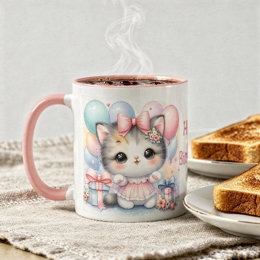 Taza de Cumpleaños con Gatito y Globos Tasse