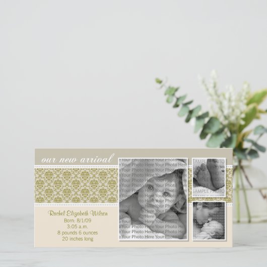 {TBA} 8x4 Taupe Barock 3-Foto-Geburtshinweis Ankündigung (Stehend Vorderseite)