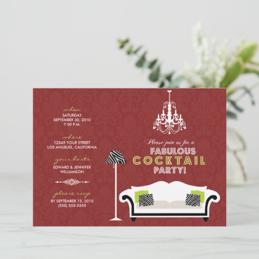 {TBA} Chic Zebra Cocktail Party Einladung (rot) (Stehend Vorderseite)