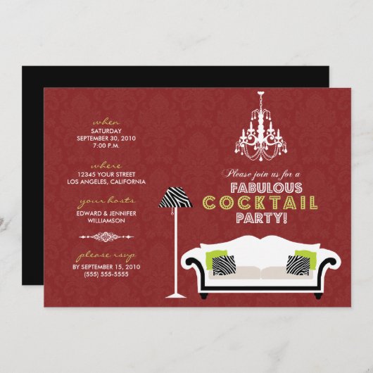 {TBA} Chic Zebra Cocktail Party Einladung (rot) (Vorne/Hinten)