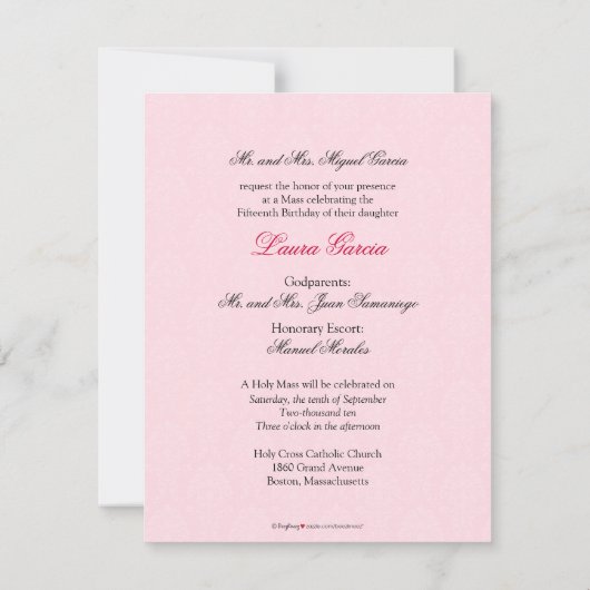 {TBA} ENGLISCHE schwarze Damast Quinceanera Einladung (Rückseite)