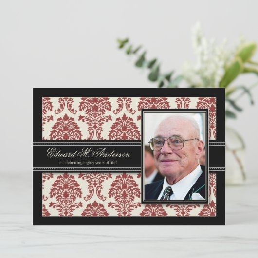 {TBA} Golden Years Damask Birthday Invite (rot) Einladung (Stehend Vorderseite)