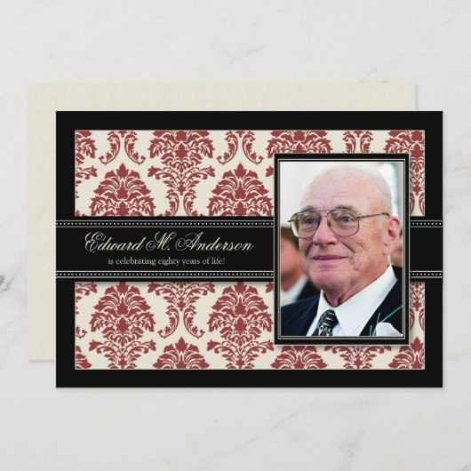 {TBA} Golden Years Damask Birthday Invite (rot) Einladung (Vorne/Hinten)