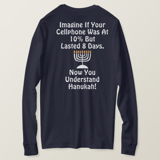 TBA Hanukah Handy mit weißem Text T-Shirt (Design Rückseite)