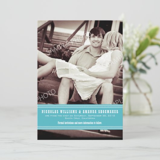 {TBA} Simple Aqua Ribbon Save the Date (Stehend Vorderseite)