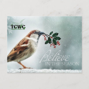 TCWC - Feiertags-Haus-Spatz im Schnee mit Logo Feiertagspostkarte