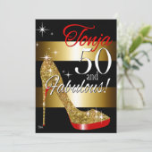 TD 50 & Fabulous Glitzer Stiletto Geburtstag Einladung (Stehend Vorderseite)