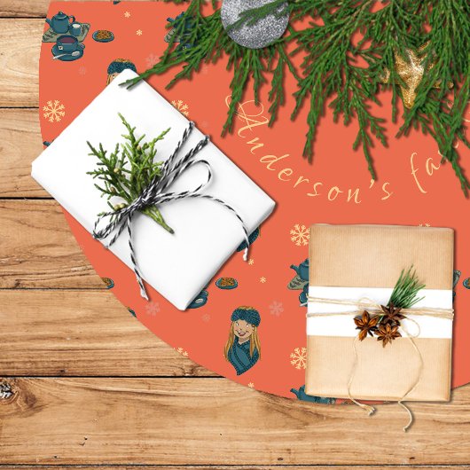 Té con galletas, chica en invierno, copos de nieve polyester weihnachtsbaumdecke