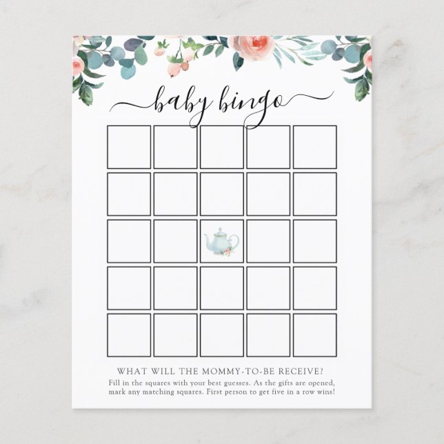 Tea Baby Shower Bingo Game Card (Vorderseite)