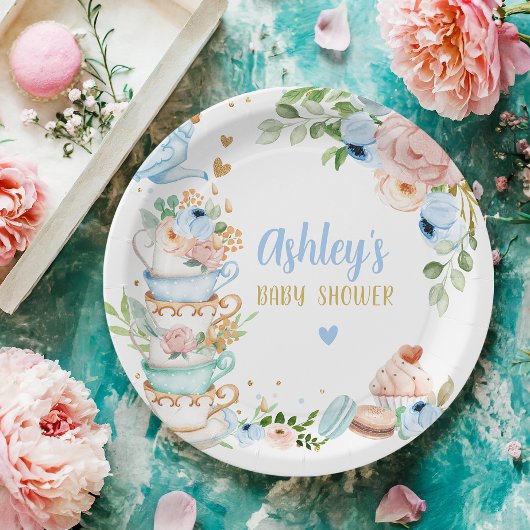Tea Baby Shower Blue Flower Girl Baby wird brauen Pappteller
