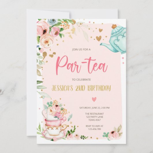 Tea Birthday Einladung Girl Party Par-tea Floral (Vorderseite)