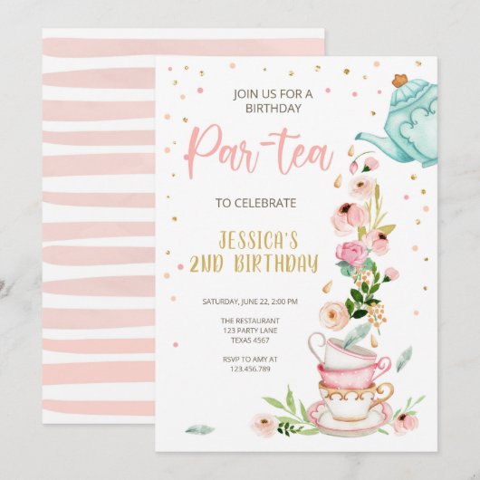 Tea Birthday Einladung Girl Party Par-tea Floral (Vorne/Hinten)