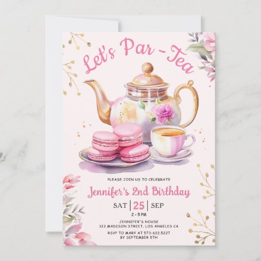 Tea Birthday Party Girl Pink Let's Par-Tea Einladung (Vorderseite)