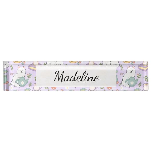 Tea & Bookish Cats Personalized Desk Nameplate Namensplakette (Vorderseite)