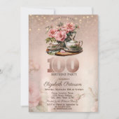 Tea Cup Blume Glitzer Rose Gold 100. Einladung (Vorderseite)