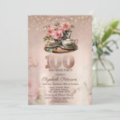 Tea Cup Blume Glitzer Rose Gold 100. Einladung (Stehend Vorderseite)