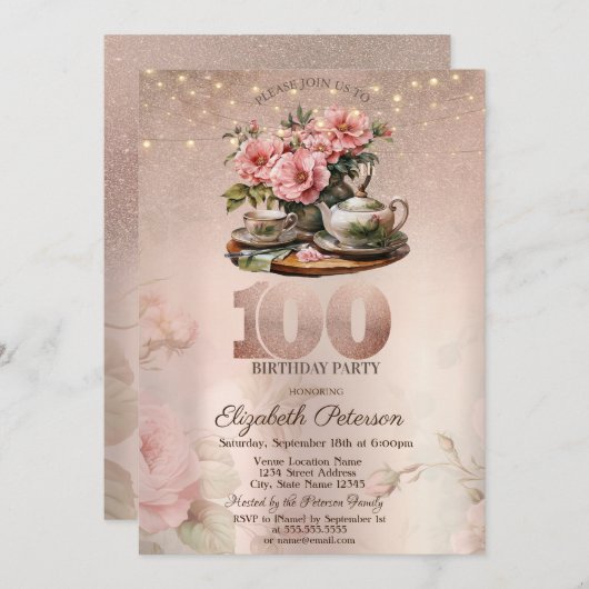 Tea Cup Blume Glitzer Rose Gold 100. Einladung (Vorne/Hinten)