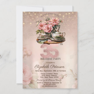 Tea Cup Blume Glitzer Rose Gold 35. Geburtstag Einladung
