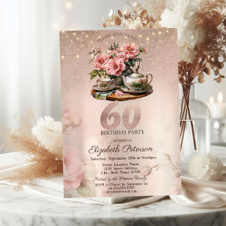Tea Cup Blume Glitzer Rose Gold 60. Geburtstag Einladung