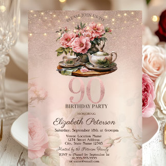 Tea Cup Blume Glitzer Rose Gold 90. Geburtstag Einladung