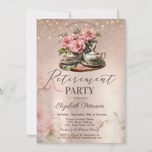 Tea Cup Blume Glitzer Rose Gold Rente Party Einladung (Vorderseite)