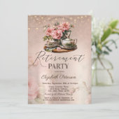 Tea Cup Blume Glitzer Rose Gold Rente Party Einladung (Stehend Vorderseite)