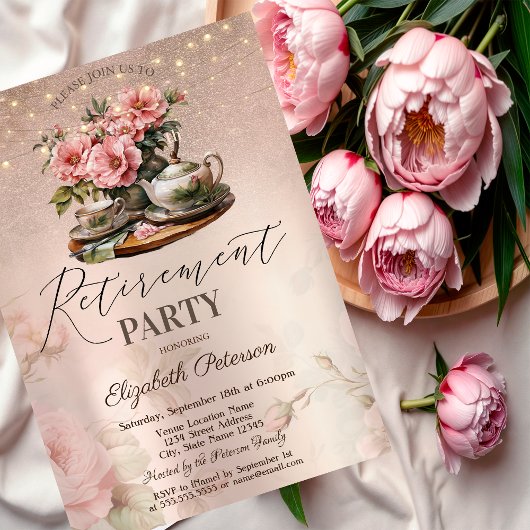 Tea Cup Blume Glitzer Rose Gold Rente Party Einladung