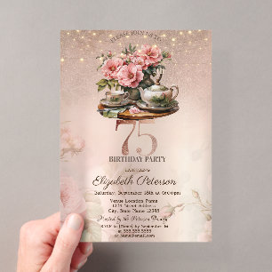 Tea Cup Blumen Glitter Rosen Gold 75. Geburtstag Acryleinladungen