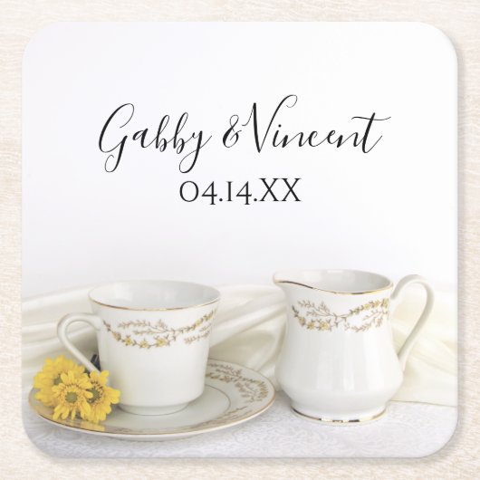 Tea Cup mit gelben Daisies Hochzeit Rechteckiger Pappuntersetzer (Vorderseite)