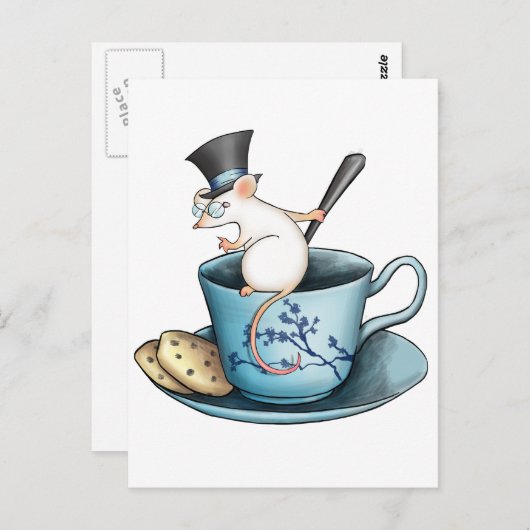 Tea Cup Mouse in Tophat Postkarte (Vorne/Hinten)