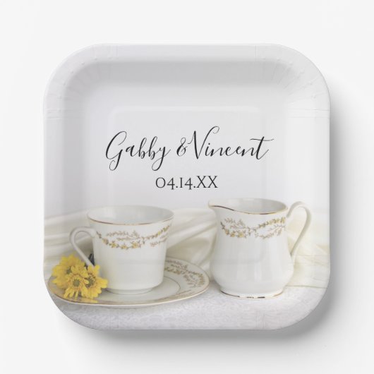 Tea Cup und Yellow Daisies Wedding Pappteller (Vorderseite)