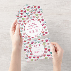 Tea Cups Moderne Vintage Hochzeit All In One Einladung