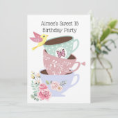 Tea Cups Sweet 16 Geburtstagsparty Einladung (Stehend Vorderseite)