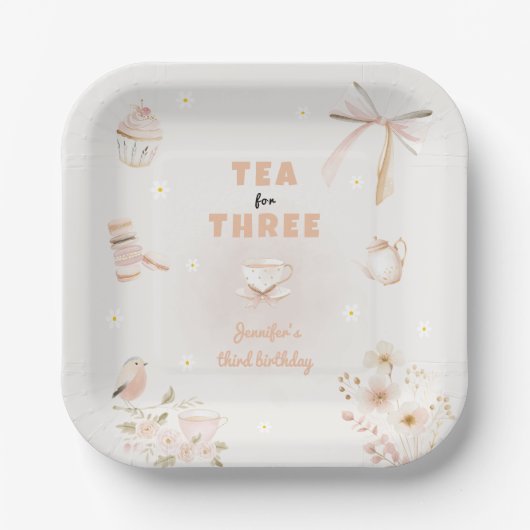 Tea for Three Birthday Invitation for Girls Pappteller (Vorderseite)