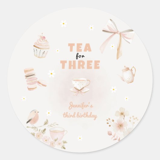 Tea for Three Birthday Invitation for Girls Runder Aufkleber (Vorderseite)