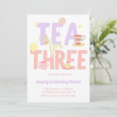 Tea For Three Birthday Pink Pastel Tea Party Einladung (Stehend Vorderseite)