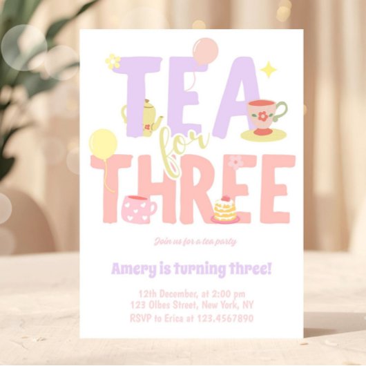 Tea For Three Birthday Pink Pastel Tea Party Einladung